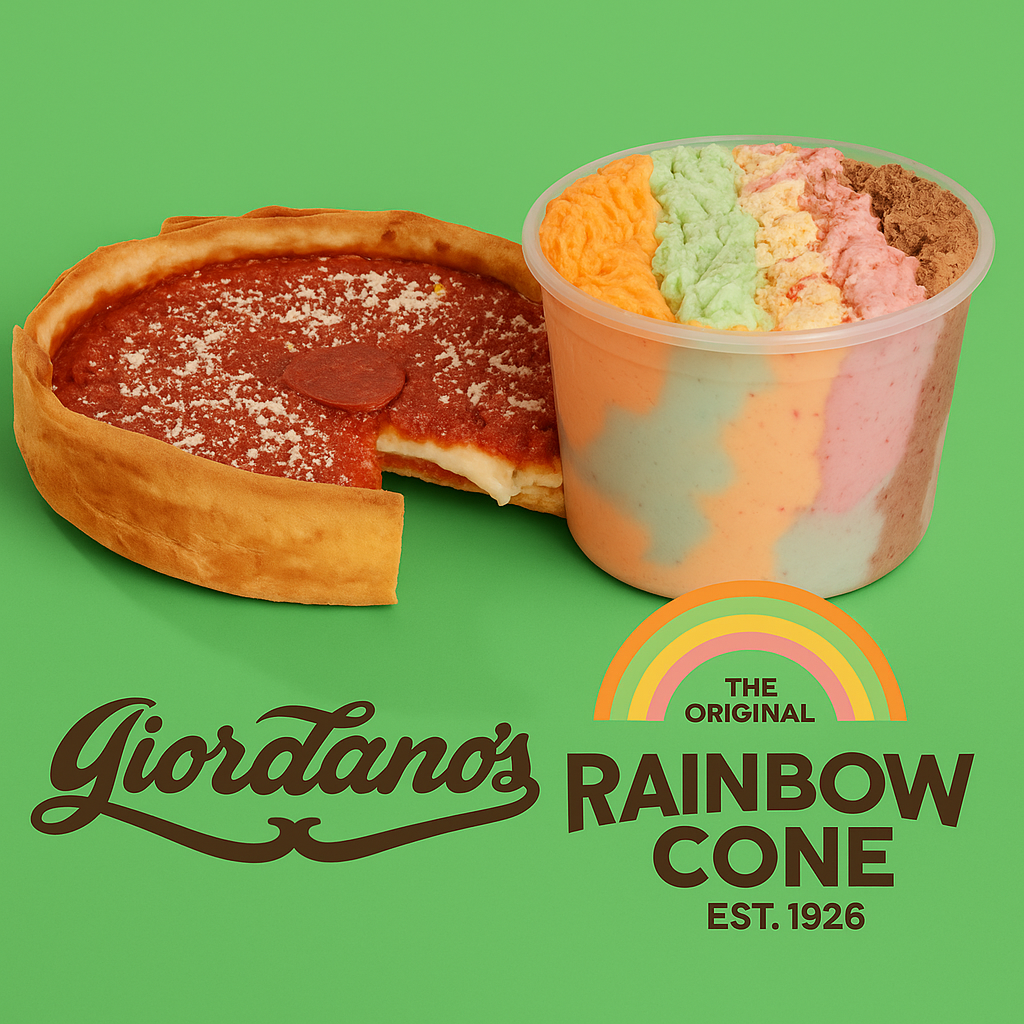 Deep Dish Pizza + Rainbow Cone Ice Cream