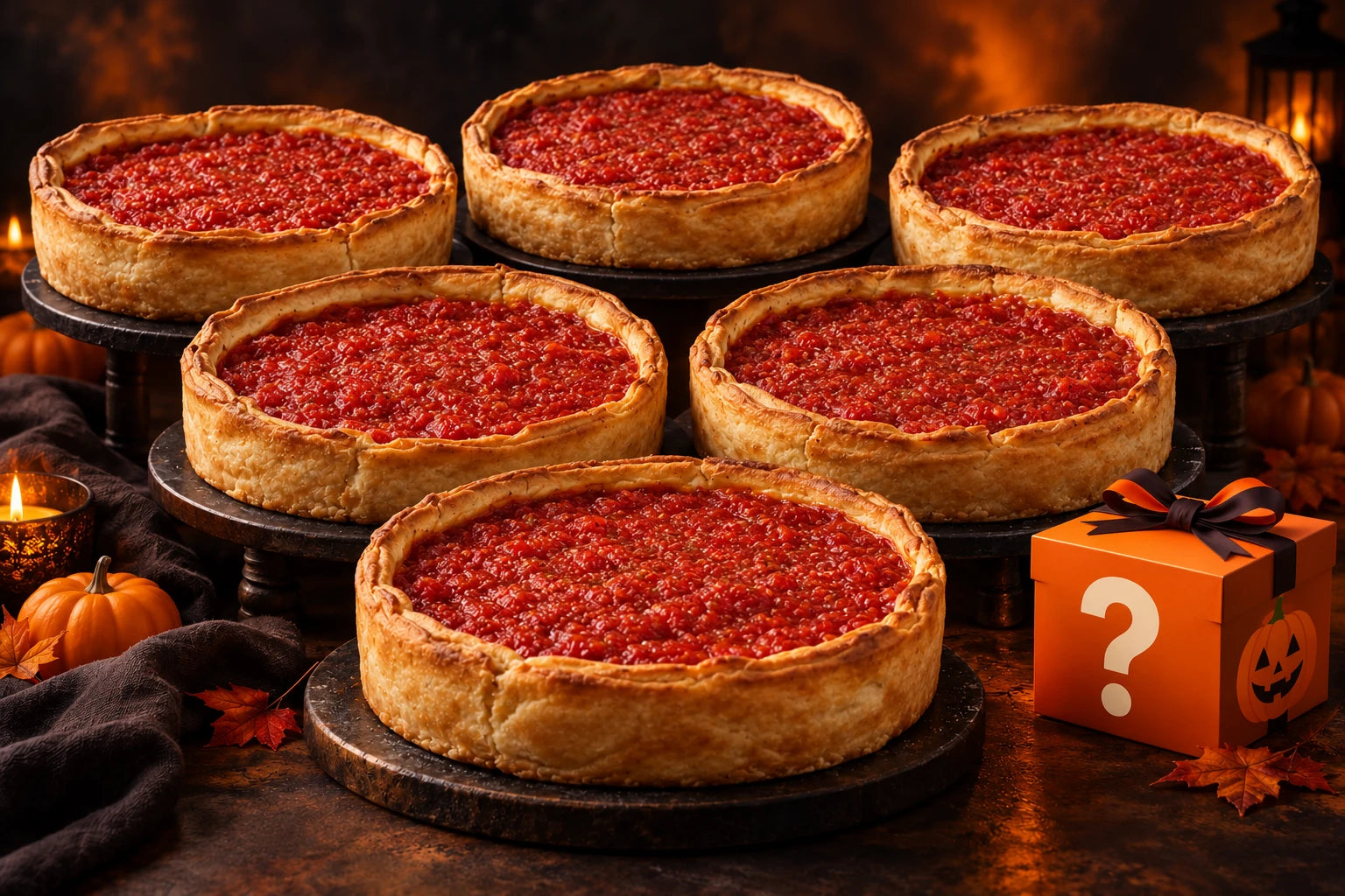 Six deep dish pizzas on tiered stands beside a Halloween mystery gift box