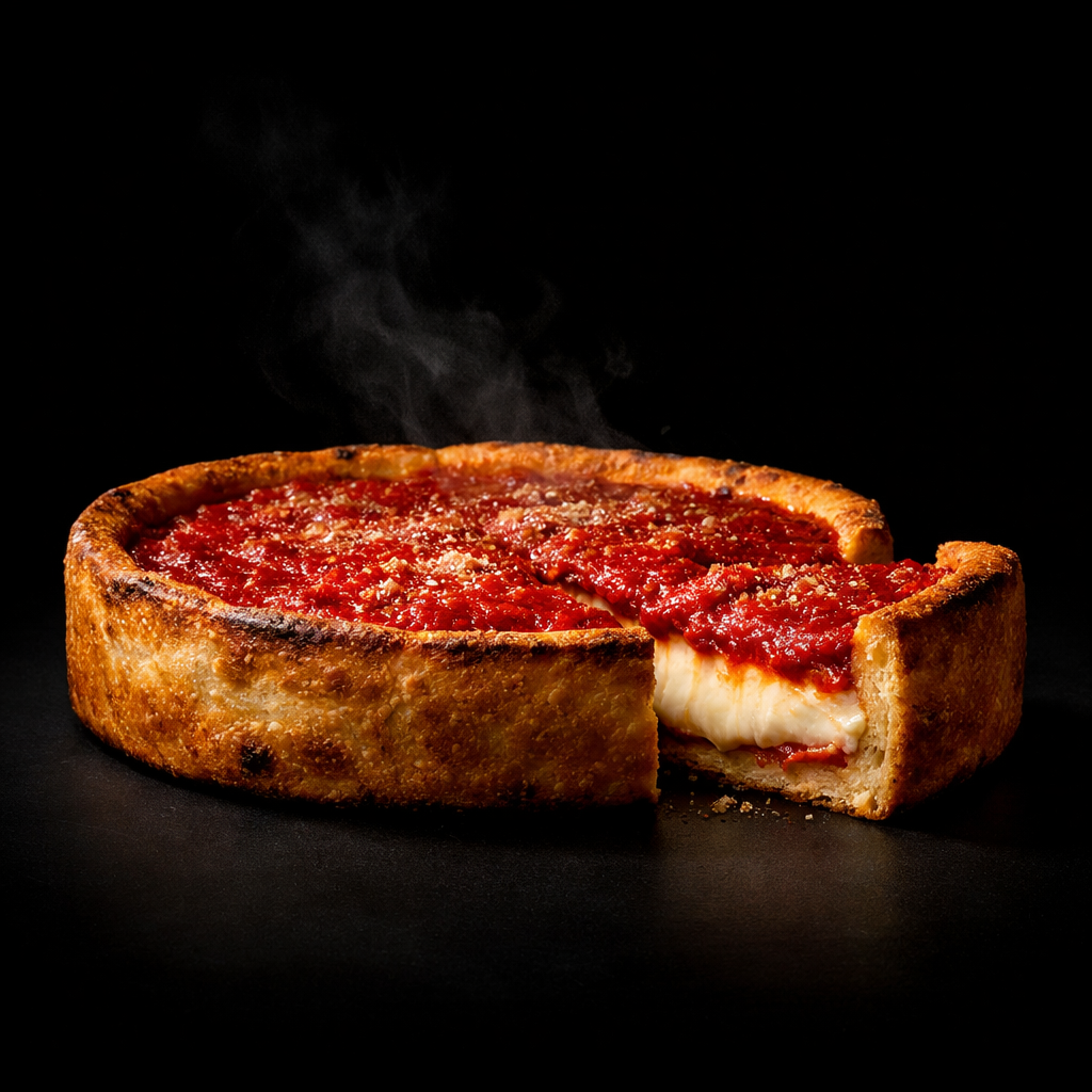 Giordano's deep dish pizza with a slice pulled out to show layers of cheese and sauce